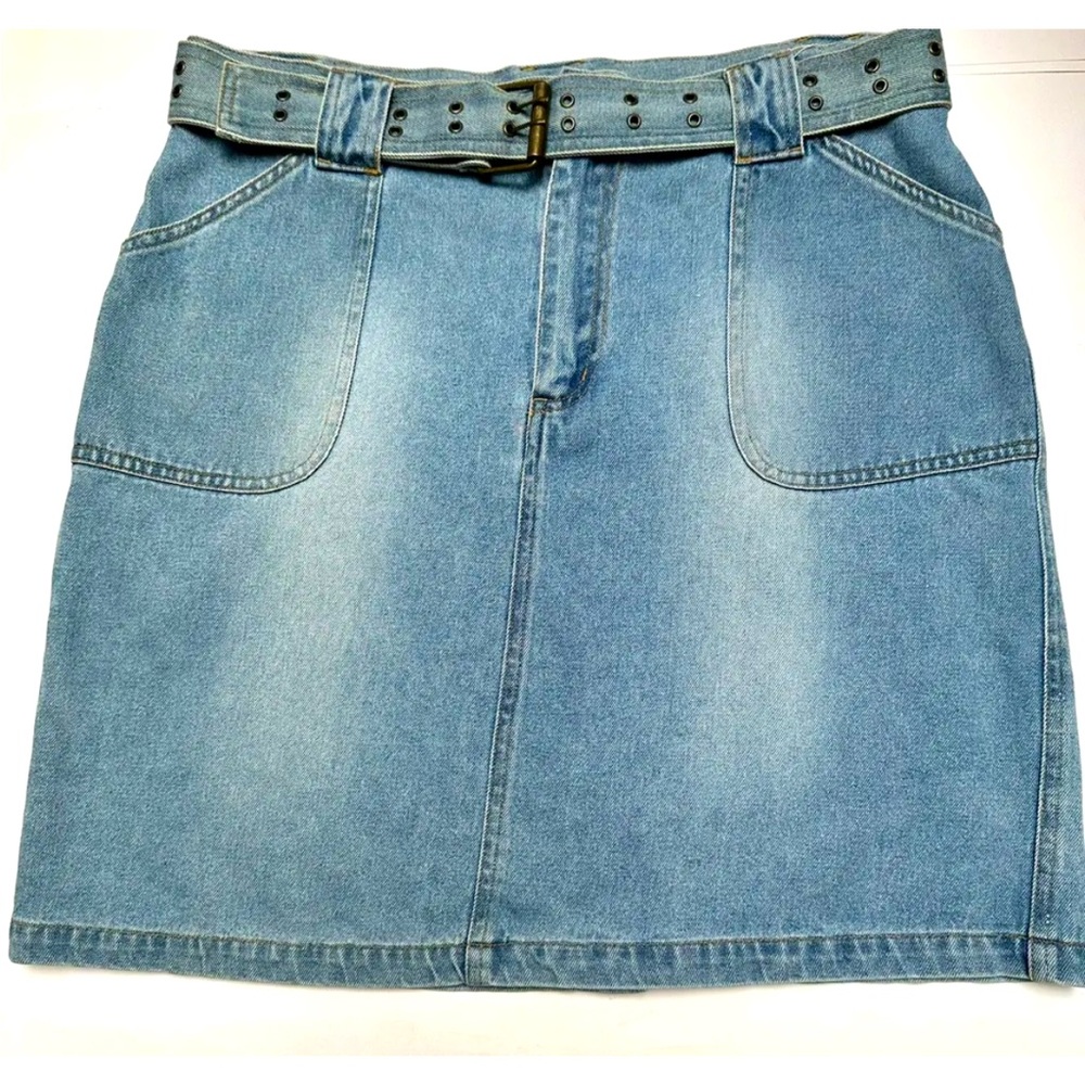 VTG CLIO SKIRT MINI WESTERN STUDDED BELTED DENIM POCKETS  HIPPIE BOHO Y2K SZ 12